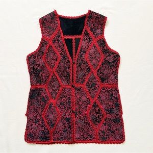 Vintage Handmade Black Red Boho Floral Leather Vest Patched Speckled Side Slit M